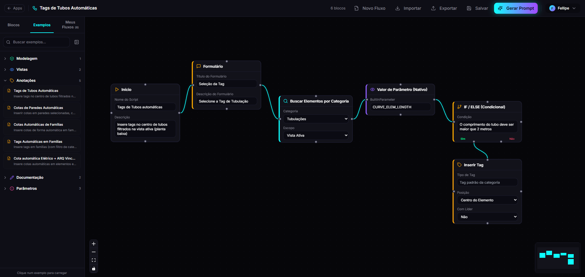 Fluxo visual no RevitFlowBuilder gerando o prompt