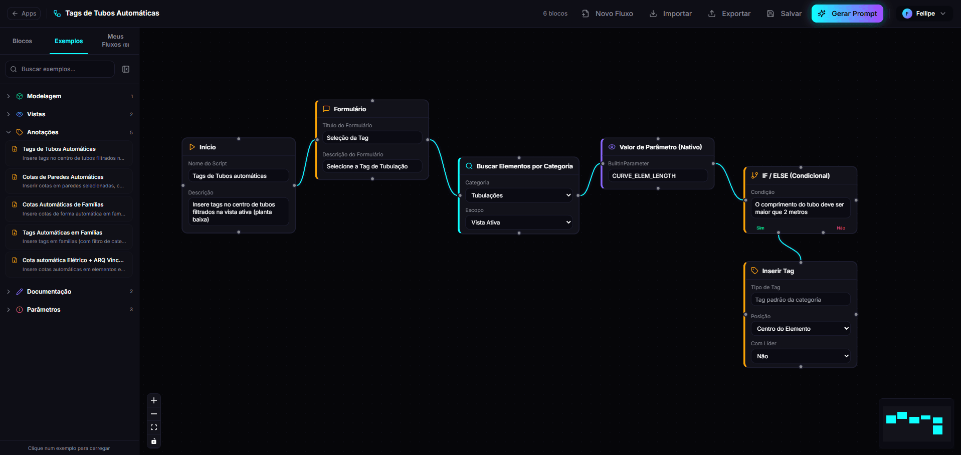 Fluxo visual no RevitFlowBuilder gerando o prompt